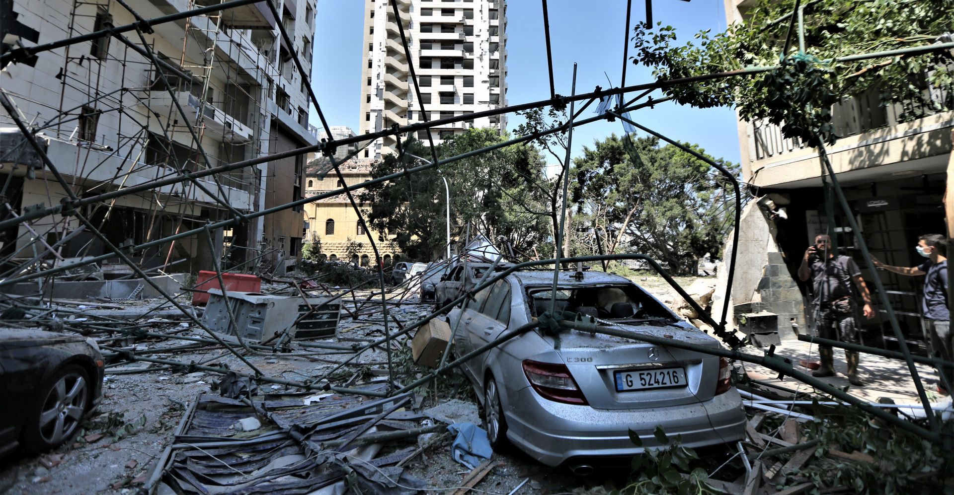 epa08585520 A view of damaged buildings after massive explosion in Beirut, Lebanon, 05 August 2020. According to Beirut's Governor Marwan Abboud, at least 100 people were killed and more than 4,000 were injured after an explosion, caused by over 2,500 tons of ammonium nitrate stored in a warehouse, devastated the port area on 04 August.  EPA/NABIL MOUNZER