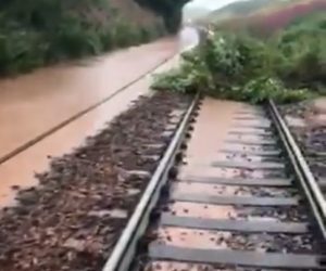 epa08599297 A picture taken from handout video made available by Network Rail Scotland shows flooding and a landslip on the rail line between Aberdeen and Dundee, near Carmont, Stonehaven, Scotland, 12 August 2020. According to the British Transport Police, a train has derailed on the line Aberdeen to Dundee in Stonehaven, Aberdeenshire, and emergency services were called to the scene at 9.43am local time.  EPA/NETWORK RAIL SCOTLAND HANDOUT  HANDOUT EDITORIAL USE ONLY/NO SALES