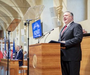 epa08599394 A handout photo made available by the Senate Chancellery shows US Secretary of State Mike Pompeo deliver a speech in the parliament's upper house, the Senate, in Prague, Czech Republic, 12 August 2020. Pompeo is on an official two-day visit to the Czech Republic and he starts there his tour of four European countries.  EPA/The Senate Chancellery / HANDOUT  HANDOUT EDITORIAL USE ONLY/NO SALES