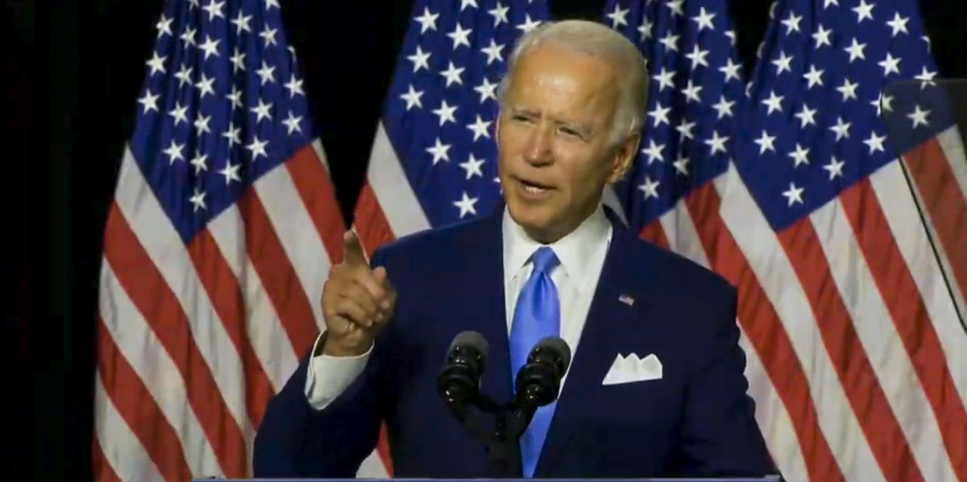 epa08600059 A frame grab image taken from the Biden Harris livestream feed shows former US Vice President and presumptive Democratic presidential nominee Joe Biden speaking during his introduction of California Senator Kamala Harris as his running mate in Wilmington, Delaware, USA, 12 August 2020.  EPA/USA BIDEN HARRIS HANDOUT  HANDOUT EDITORIAL USE ONLY/NO SALES