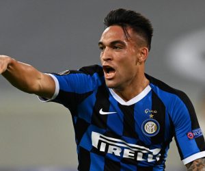 epa08609579 Lautaro Martinez of Inter celebrates after scoring the 1-0 lead during the UEFA Europa League semi final match between Inter Milan and Shakhtar Donetsk in Duesseldorf, Germany, 17 August 2020.  EPA/Sascha Steinbach / POOL