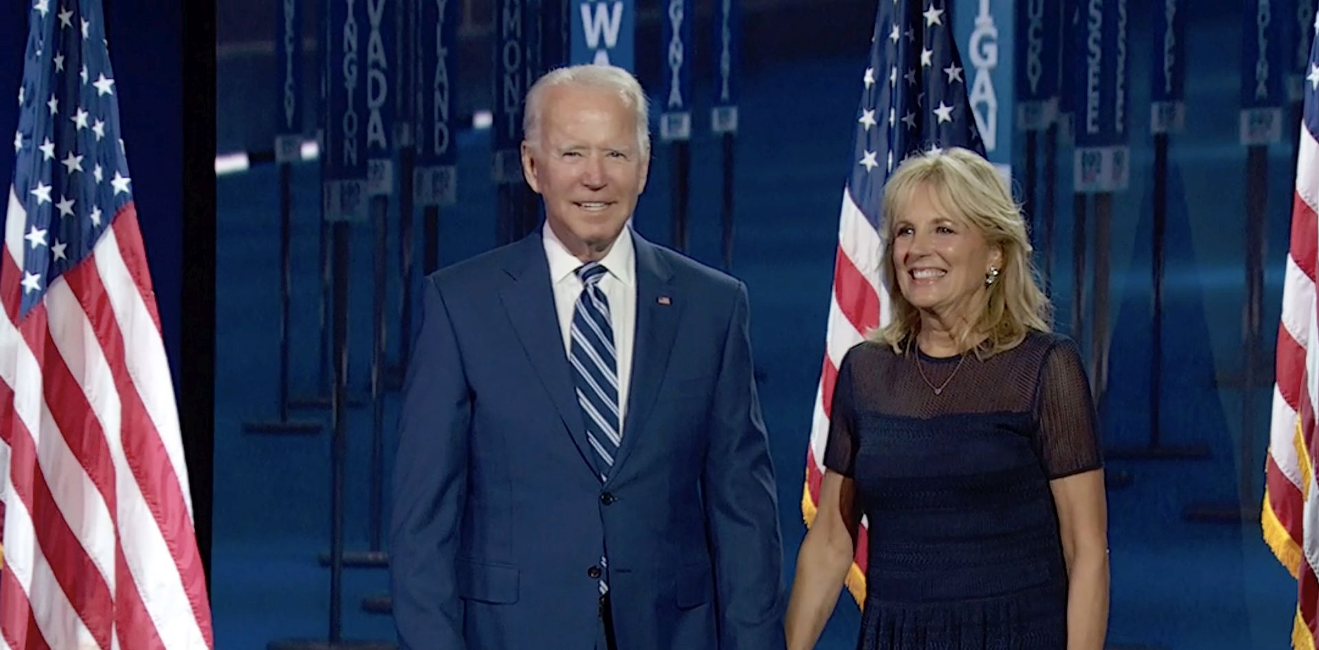 epa08613797 A framegrab from the Democratic National Convention Committee livestream showing former Vice President Joe Biden (L) and Dr. Jill Biden (R) onstage after Senator Kamala Harris spoke during the third night of the 2020 Democratic National Convention (DNC) in Milwaukee, Wisconsin, USA, 19 August 2020. The convention, which was expected to draw 50,000 people to the city, is now taking place virtually due to coronavirus pandemic concerns.  EPA/DNCC