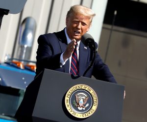 epa08615408 US President Donald J. Trump's speaks at a campaign stop at the Miriotti Building Products Factory in Old Forge, Pennsylvania, USA, 20 August 2020. The Trump campaign plans numerous stops in the seven 'Rust Belt' states.  EPA/Peter Foley