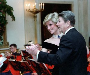 11/9/1985 President Reagan dancing with Princess Diana at a dinner for Prince Charles and Princess Diana of the United Kingdom in Cross Hall