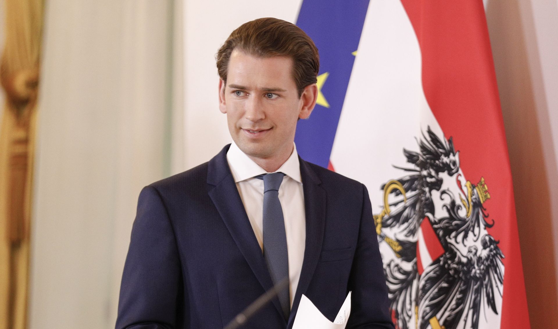 epa08610942 Austrian Chancellor Sebastian Kurz arrives for a press conference along Austrian Interior Minister Karl Nehammer and Austrian Minister for Social Affairs, Health, Care and Consumer Protection, Rudolf Anschober at the Austrian Chancellery in Vienna, Austria, 18 August 2020. Austrian government introduces new measures for an attempt to stop the spreading of the coronavirus.  EPA/FLORIAN WIESER