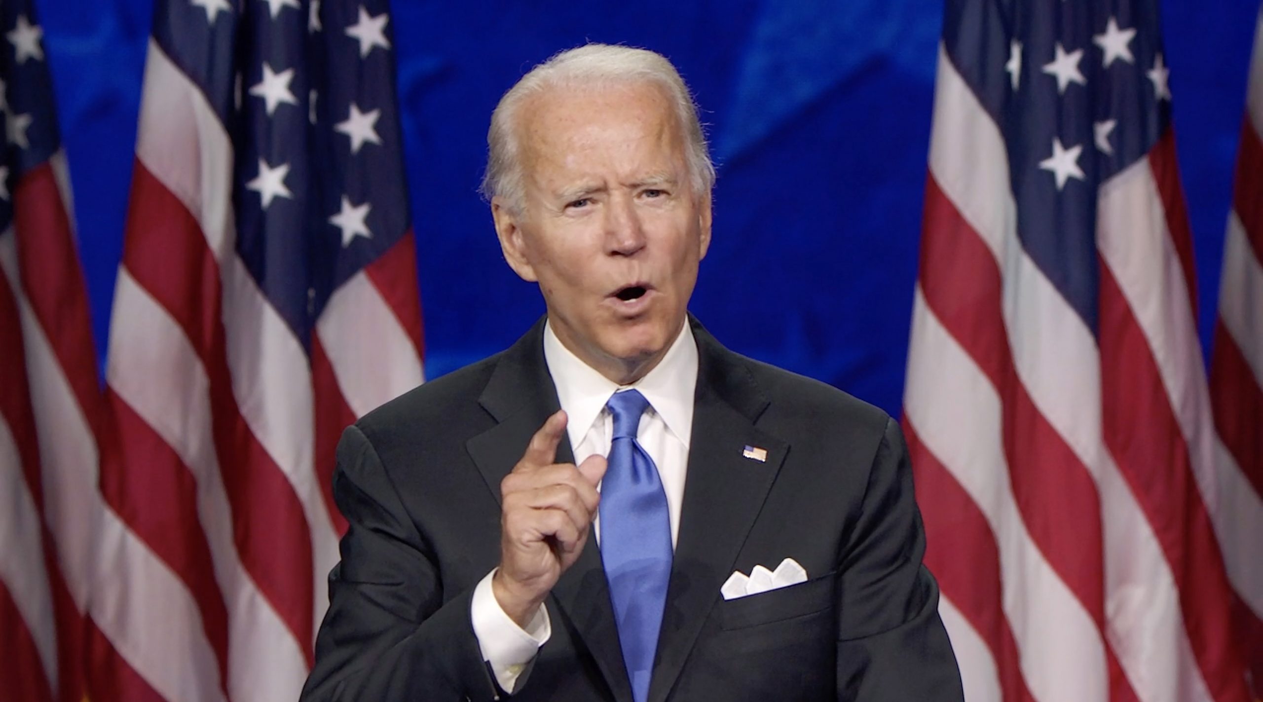 epa08615685 A framegrab from the Democratic National Convention Committee livestream showing Joe Biden speaking during the final night of the 2020 Democratic National Convention (DNC) in Milwaukee, Wisconsin, USA, 20 August 2020. The convention, which was expected to draw 50,000 people to the city, is now taking place virtually due to coronavirus pandemic concerns.  EPA/DNCC