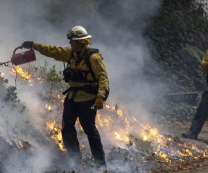epa08621293 A fire fighter back burns fuel in Ben Lomond, California, USA 23 August 2020. Firefighters continue to combat the CZU Lightning Complex, which has claimed more than 67,000 acres of land and 115 structures. More than 70,000 people have been evacuated across two counties.  EPA/PETER DASILVA