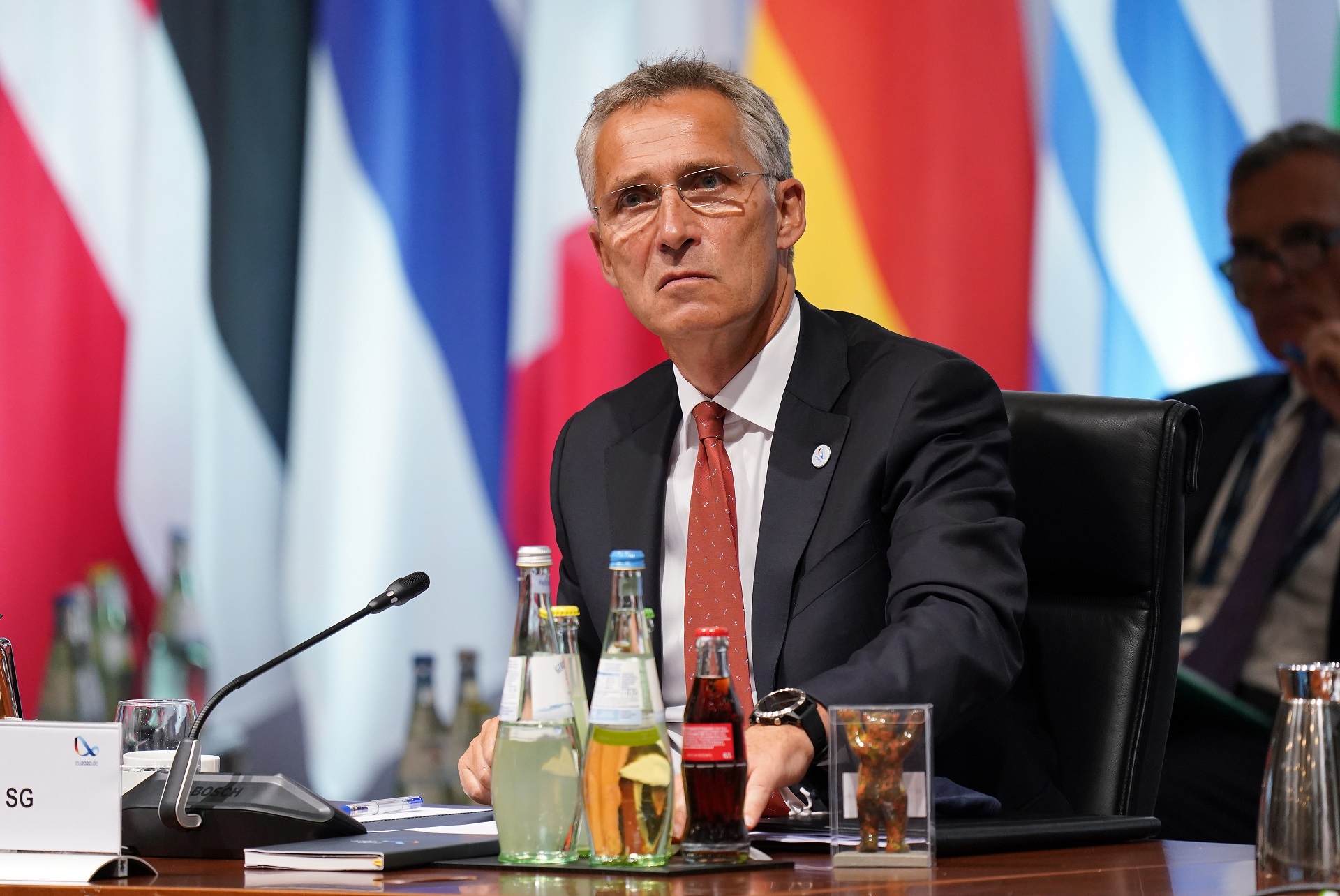 epa08626596 NATO Secretary General Jens Stoltenberg attends a meeting of European Union member states defence ministers, in Berlin, Germany, 26 August 2020. The meeting, which is taking place as part of Germany's head of the rotating presidency of the European Council, is the first such meeting taking place with participants in person since begin of the coronavirus pandemic.  EPA/SEAN GALLUP / POOL