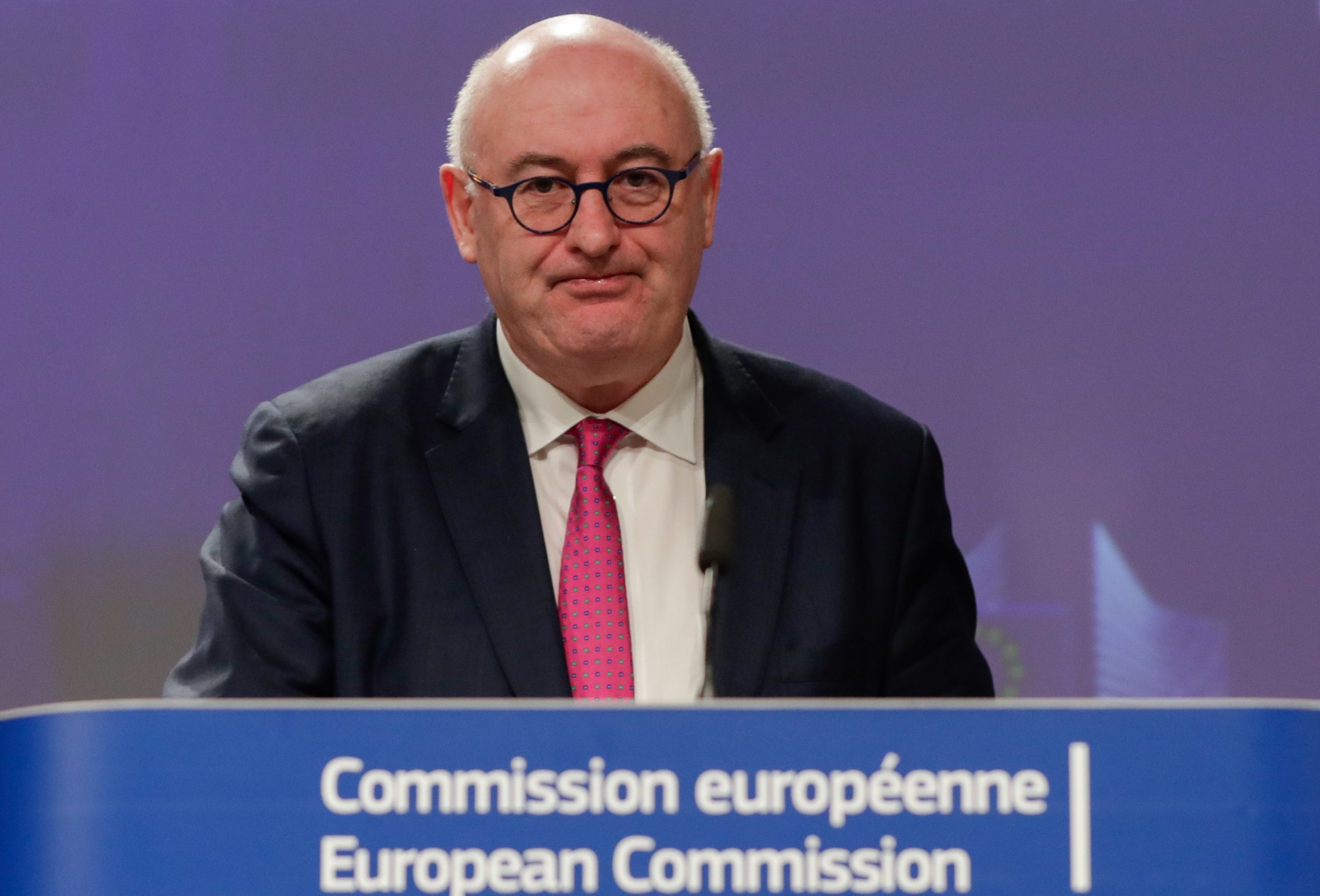 epa08627452 (FILE) - European Commissioner for Trade Phil Hogan gives a press conference in Brussels, Belgium, 12 December 2019 (reissued 26 August 2020). Hogan was was criticised for allegedly breaching coronavirus lockdown restrictions in the Republic of Ireland as he attended a golf dinner with more than 80 people on 19 August.  EPA/STEPHANIE LECOCQ