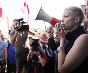 epa08652179 (FILE) -  Maria Kolesnikova (R) a representative of non-registered presidential candidate Victor Babariko, addresses workers of the Minsk Wheeled Tractor Plant during a strike and protest rally as Belarus president Lukashenko (unseen) visits their plant, in Minsk, Belarus, 17 August 2020 (reissued 07 September 2020). According to media reports citing eyewitnesses and fellow campaign members, Kolesnikova has been detained by unidentified persons in Minsk on 07 September.  EPA/TATYANA ZENKOVICH *** Local Caption *** 56293267