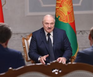 epa08654763 Belarus President Alexander Lukashenko (C) speaks during an interview with Russian journalists at the Palace of Independence in Minsk, Belarus, 08 September 2020. Russia's TASS news agency and other state media on 08 September 2020 cited Belarus' long-time president Lukashenko, in power since 1994, as saying he may have stayed as Belarus' president a bit too long. Lukashenko made the comment during an interview he gave to a number of Russia's state-led media enterprises.  EPA/NIKOLAI PETROV / BELTA POOL / POOL MANDATORY CREDIT