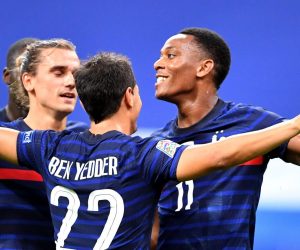 epa08655374 France's Antoine Griezmann (L), Wissam Ben Yedder (C) and Anthony Martial (R) celebrate  during the UEFA Nations League soccer match between France and Croatia at the Stade de France, Saint Denis, France, 08 September 2020.  EPA/PASCAL BONNIERE FRANCE OUT / SHUTTERSTOCK OUT