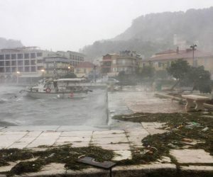 epa08678030 A view of boats during Medicane (Mediterranean hurricane) Ianos on Zakynthos island, Greece, 18 September 2020. A rare hurricane-like cyclone in the eastern Mediterranean, a so-called 'Medicane', named Ianos is forecasted to make landfall on 18 September in Kefalonia, Ithaca and Zakynthos with winds reaching hurricane-force Category 1 strength, that could exceed 200 km/h, while huge amounts of rainfall could lead to dangerous flash floods. Many villages in Zakynthos and Kefalonia are facing small-scale problems with electricity supply, but those were reportedly repaired, while at Ithaca a power line caught fire but was repaired shortly afterwards.  EPA/SYNETOS KOSTAS