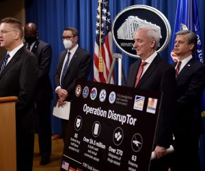 epa08688414 (L to R) DEA Acting Administrator Timothy Shea,  Chief Postal Inspector Gary Barksdale, ICE Acting Deputy Director Derek Benner, Deputy Attorney General Jeffrey A. Rosen, and Federal Bureau of Investigation Director Christopher Wray, announce significant law enforcement actions related to the illegal sale of drugs and other illicit goods and services on the Darknet during a press conference at the Department of Justice in Washington, DC, USA, 22 September 2020.  EPA/OLIVIER DOULIERY / POOL