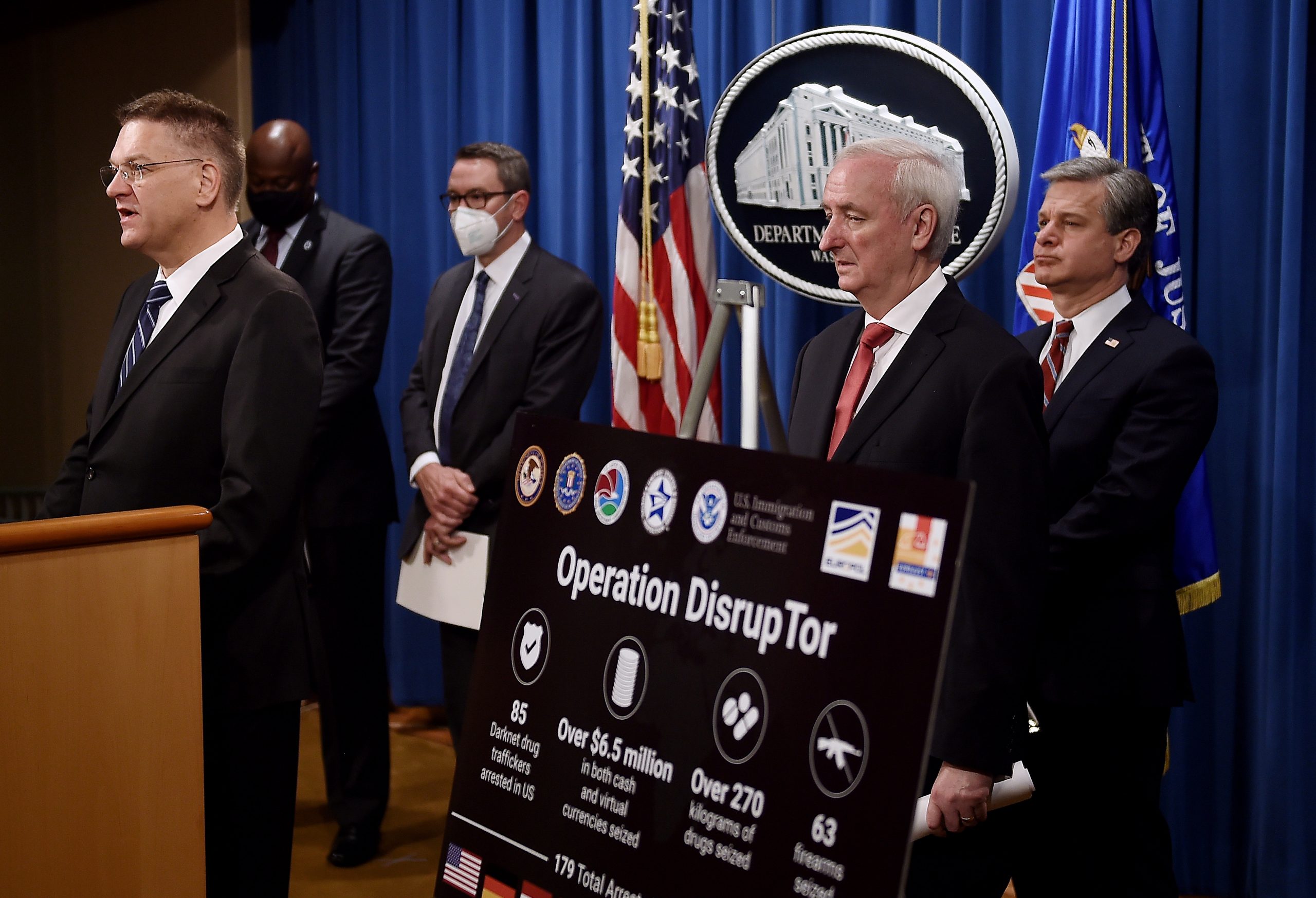 epa08688414 (L to R) DEA Acting Administrator Timothy Shea,  Chief Postal Inspector Gary Barksdale, ICE Acting Deputy Director Derek Benner, Deputy Attorney General Jeffrey A. Rosen, and Federal Bureau of Investigation Director Christopher Wray, announce significant law enforcement actions related to the illegal sale of drugs and other illicit goods and services on the Darknet during a press conference at the Department of Justice in Washington, DC, USA, 22 September 2020.  EPA/OLIVIER DOULIERY / POOL