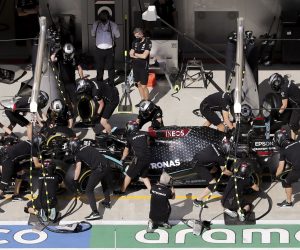 epa08695662 Mechanics of Mercedes-AMG Petronas practice a pit stop prior to the first practice session of the Formula One Grand Prix of Russia at the race track in Sochi, Russia, 25 September 2020. The Formula One Grand Prix of Russia will take place on 27 September 2020.  EPA/Kirill Kudryavtsev / POOL