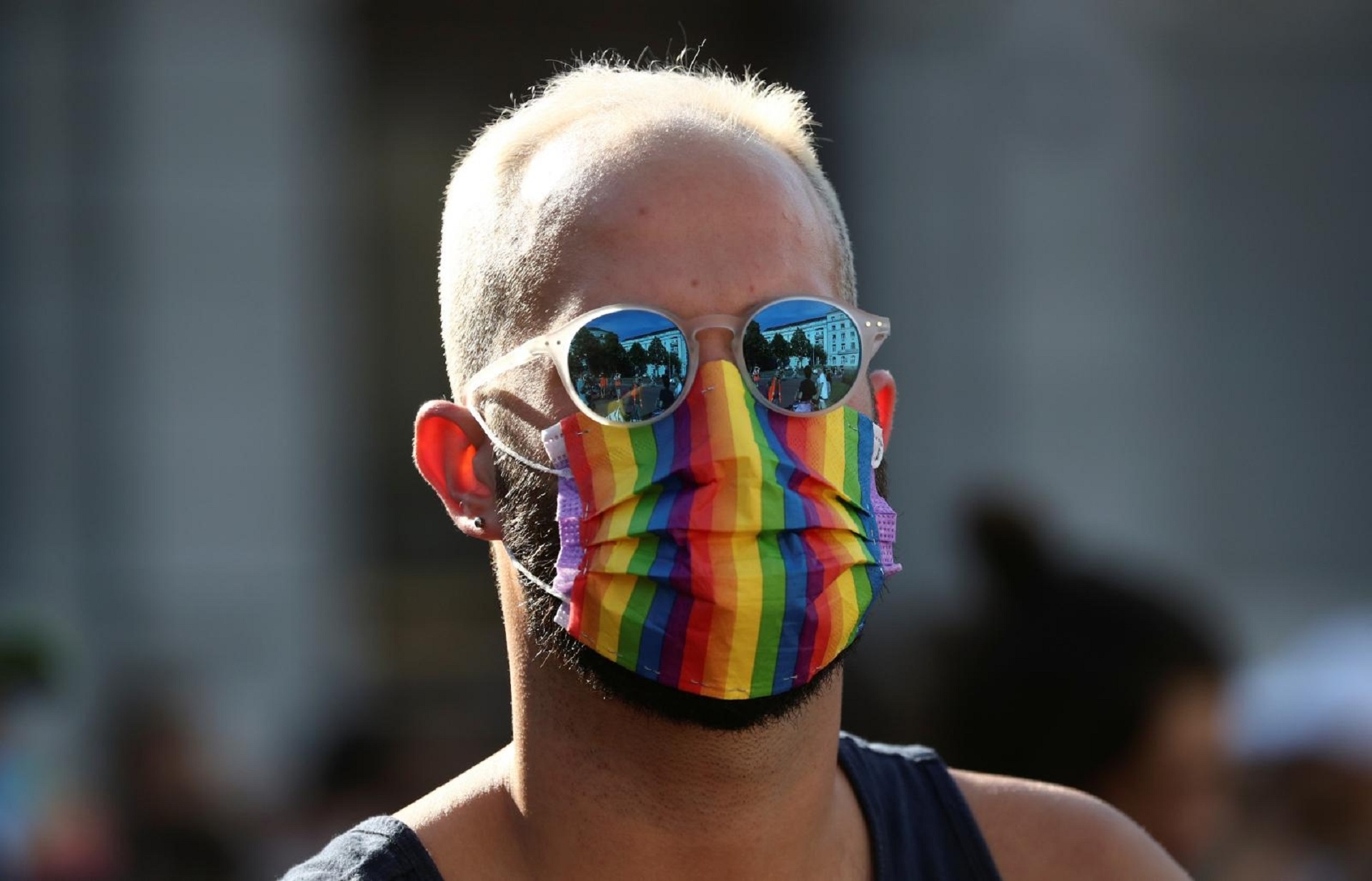 Participants attend the "Pride Ride 2020" ahead of parliamentary elections A participant wearing a rainbow flag mask attends the "Pride Ride 2020" ahead of parliamentary elections, amid the spread of the coronavirus disease (COVID-19), in Zagreb, Croatia, July 4, 2020. REUTERS/Marko Djurica MARKO DJURICA