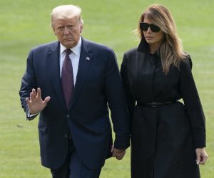 epa08662160 US President Donald J. Trump (L) and First lady Melania Trump (R) return to the White House, in Washington, DC, USA, on 11 September 2020, after attending a Flight 93 National Memorial 19th Anniversary of the 9/11 terrorist attack Observance in Shanksville, Pennsylvania.  EPA/Chris Kleponis / POOL