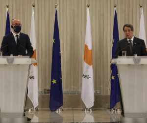 epa08672272 Cyprus President Nicos Anastasiades (R) and European Council President Charles Michel (L) speak during a news conference at the Presidential Palace in Nicosia, Cyprus, 16 September 2020. Michel is in Cyprus on a one-day official visit.  EPA/YIANNIS KOURTOGLOU / POOL