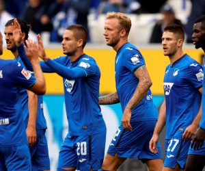 epa08701869 Hoffenheim's Andrej Kramaric (2-R) celebrates with teammates after scoring the 4-1 lead from the penalty spot during the German Bundesliga soccer match between TSG 1899 Hoffenheim and FC Bayern Munich in Sinsheim, Germany, 27 September 2020.  EPA/RONALD WITTEK CONDITIONS - ATTENTION: The DFL regulations prohibit any use of photographs as image sequences and/or quasi-video.