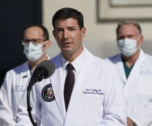 epa08722744 CDR Sean Conley, MD, addresses the media at the Walter Reed Medical Center in Bethesda, Maryland, USA, 05 October 2020. US President Donald J. Trump tweeted that he will be leaving Walter Reed Medical Center later on the same day.  EPA/Chris Kleponis / POOL