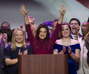 epa08729949 (FILE) - Democrat Gretchen Whitmer (C) declares victory over Bill Schuette at her election night party during the 2018 mid-term general election, at the Motor City Casino Hotel in Detroit, Michigan, USA, 06 November 2018 (reissued 08 October 2020). According to an FBI affidavit on 08 October 2020, the FBI thwarted a plot attempt to kidnap Gretchen Whitmer and overthrow the Michigan state government which involved reaching out to a militia group.  EPA/RENA LAVERTY *** Local Caption *** 54756036