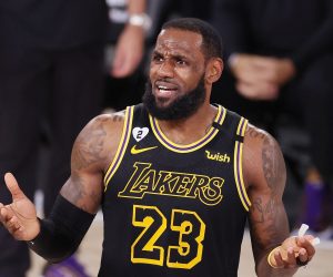 epa08733363 Los Angeles Lakers forward LeBron James reacts after being called for an offensive foul in the fourth quarter of their NBA Finals basketball game five at the ESPN Wide World of Sports Complex in Kissimmee, Florida, USA, 09 October 2020.  EPA/ERIK S. LESSER SHUTTERSTOCK OUT