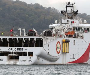 epa08736982 (FILE) - Turkish seismic exploration vessel Oruc Reis sails on the Bosphorus in Istanbul, Turkey, 21 November 2018 (reissued 12 October 2020). Turkish navy says that Turkey sends the vessel to spend ten days conducting seismic research in the eastern Mediterranean again. Oruc Reis' movements near Greek islands in recent weeks had caused considerable tensions between NATO member Greece and Turkey.  EPA/TOLGA BOZOGLU *** Local Caption *** 54791115