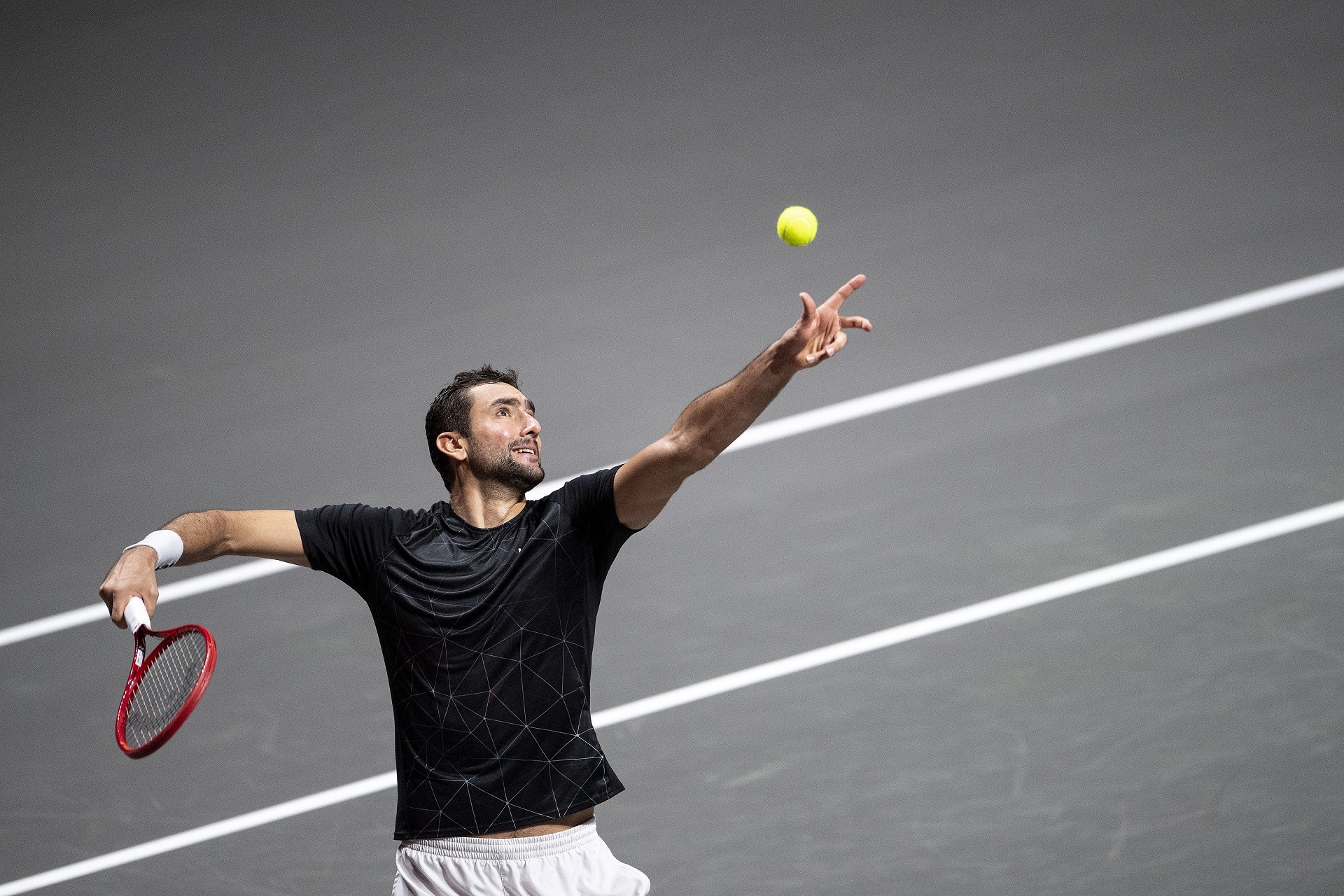 13 October 2020, Cologne: Croatian tennis player Marin Cilic in action against Spanish Alejandro Davidovich Fokina
during their men's singles round of 16 tennis match at the 2020 Bett1Hulks Indoors of the ATP tournament. Photo: Marius Becker/dpa
