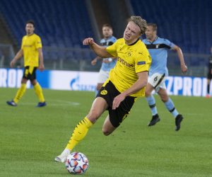 epa08760323 Erling Haaland of Borussia Dortmund in action during the UEFA Champions League  Group F soccer match between SS Lazio and Borussia Dortmund, at Stadio Olimpico in Rome, Italy, 20 October 2020.  EPA/MAURIZIO BRAMBATTI