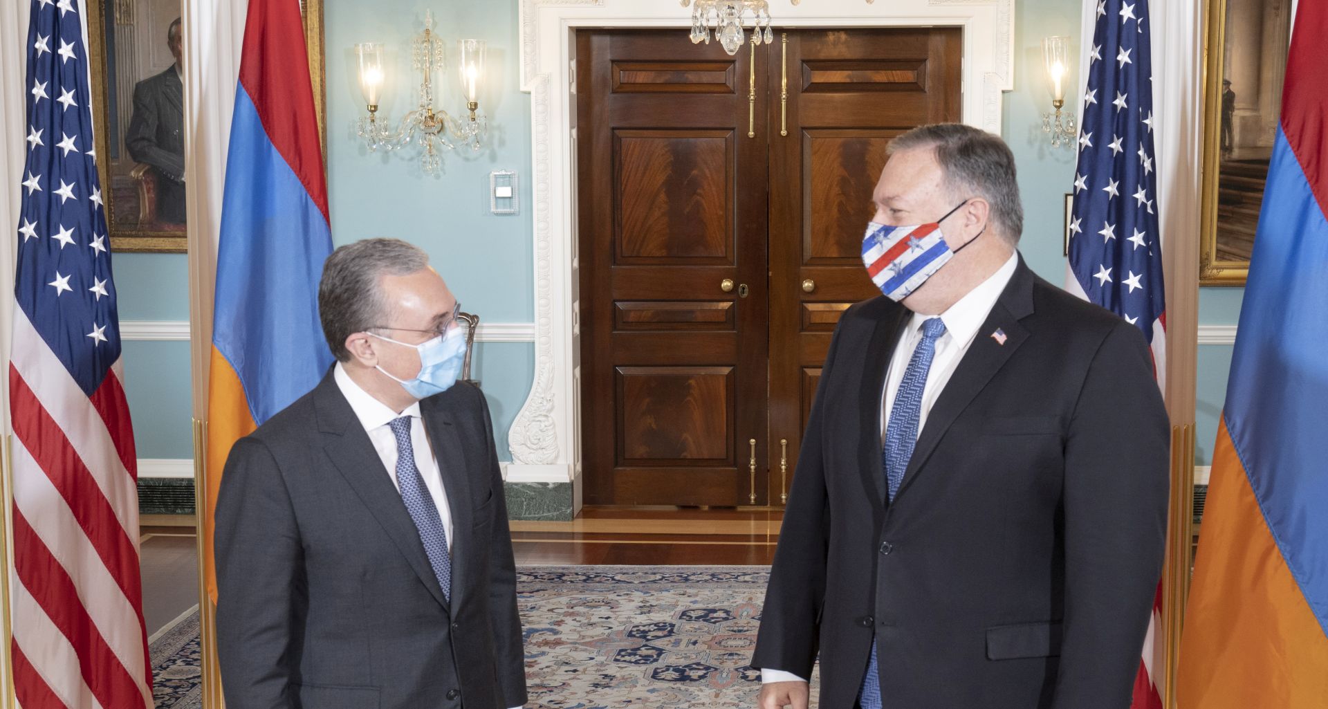 epa08768332 A handout photo made available by the US Department of State shows US Secretary of State Michael R. Pompeo (R) meeting with Armenian Foreign Minister Zohrab Mnatsakanyan at the State Department in Washington, DC, USA, 23 October 2020. Azerbaijan and Armenia are currently engaged in an armed territorial conflict over the Nagorno-Karabakh territory along the contact line of the self-proclaimed Nagorno-Karabakh Republic (also known as Artsakh).  EPA/Freddie Everett / US DEPARTMENT OF STATE HANDOUT  HANDOUT EDITORIAL USE ONLY/NO SALES