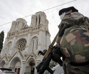 epa08783456 A French soldier stands in front of Notre-Dame church, where a knife attack took place, in Nice, France, 29 October 2020. According to recent reports, at least three people are reported to have died in what officials treat as a terror attack. The attack comes less than a month after the beheading of a French middle school teacher in Paris on 16 October.  EPA/ERIC GAILLARD / POOL  MAXPPP OUT
