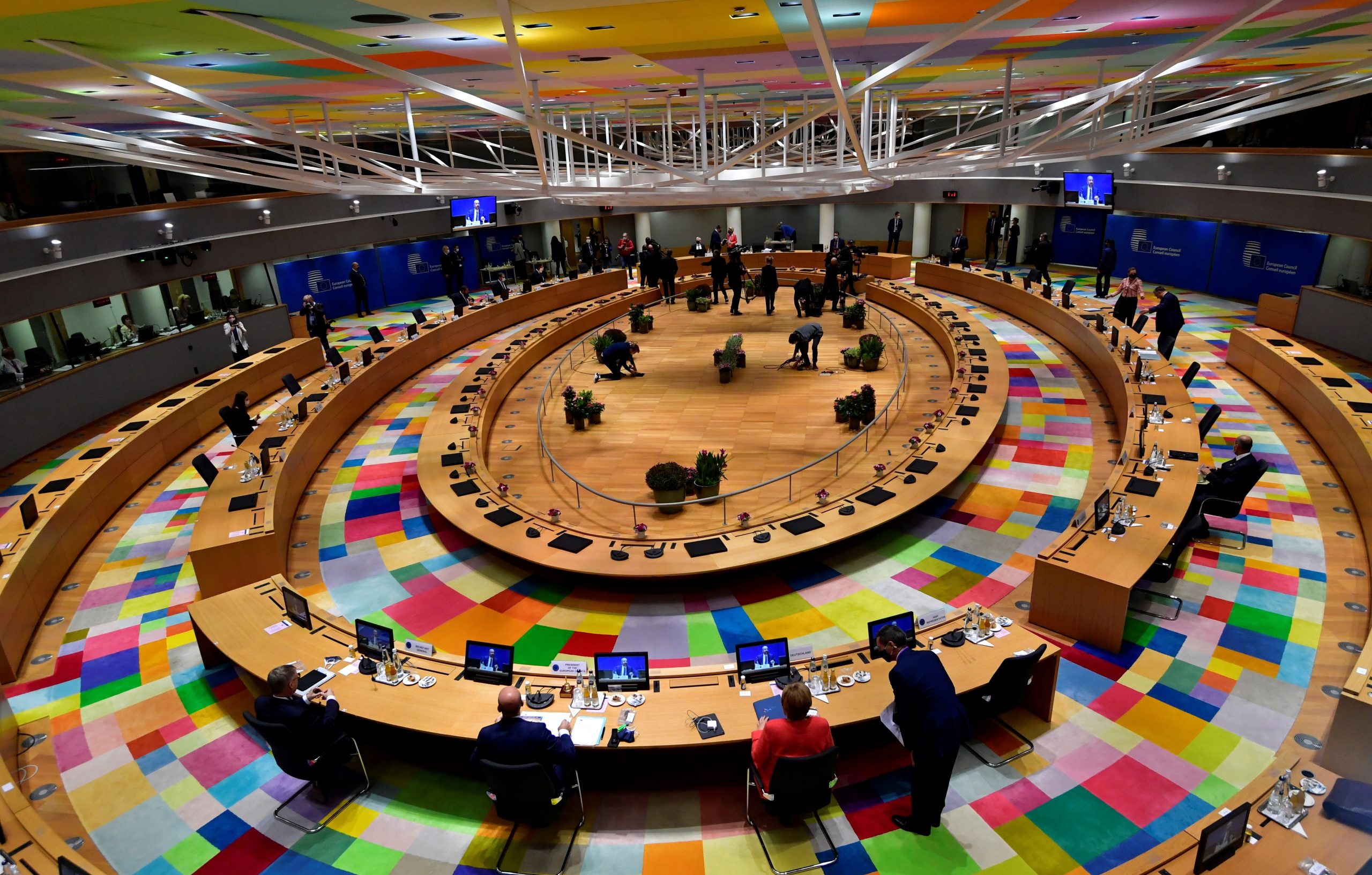EU leaders summit in Brussels A general view shows preparations ahead of a roundtable meeting during the second face-to-face European Union summit since the coronavirus disease (COVID-19) outbreak, in Brussels, Belgium October 2, 2020. John Thys/Pool via REUTERS POOL