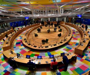 EU leaders summit in Brussels A general view shows preparations ahead of a roundtable meeting during the second face-to-face European Union summit since the coronavirus disease (COVID-19) outbreak, in Brussels, Belgium October 2, 2020. John Thys/Pool via REUTERS POOL