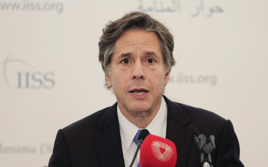 US Deputy Secretary of State Antony Blinken speaks during a press conference on the sidelines of an international security summit in Manama, Bahrain, Saturday, Oct. 31, 2015. Senior international politicians, analysts and military official are participating in this weekend's Manama Dialogue, put on annually by the International Institute for Strategic Studies to discuss issues including extremism, security and the future of the Middle East. (AP Photo/Hasan Jamali)