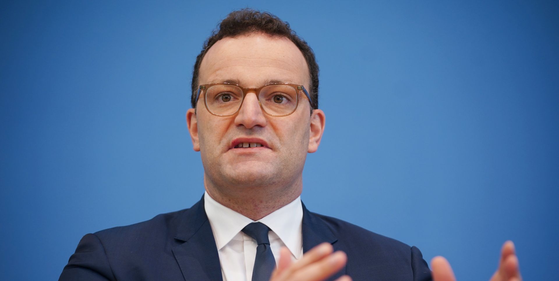 epa08762343 (FILE) - German Health Minister Jens Spahn speaks during a press conference at the house of the federal press conference (Haus der Bundespressekonferenz) in Berlin, Germany, 23 September 2020 (reissued 21 October 2020). According to the German Health Ministry, Spahn has tested positive for coronavirus.  EPA/CLEMENS BILAN