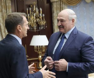 epa08764923 Belarusian President Alexander Lukashenko (R), talks to Sergei Naryshkin (L), head of the Russian Foreign Intelligence Service, during their meeting in Minsk, Belarus, 22 October 2020.  EPA/NIKOLAI PETROV / POOL MANDATORY CREDIT