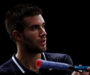 epa08792779 Borna Coric of Croatia in action during his first round match against Marton Fucsovics of Hungary at the Rolex Paris Masters tennis tournament in Paris, France, 02 November 2020.  EPA/YOAN VALAT