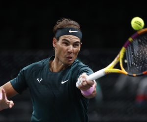 epa08798910 Rafael Nadal of Spain in action during his second round match against Feliciano Lopez of Spain at the Rolex Paris Masters tennis tournament in Paris, France, 04 November 2020.  EPA/YOAN VALAT