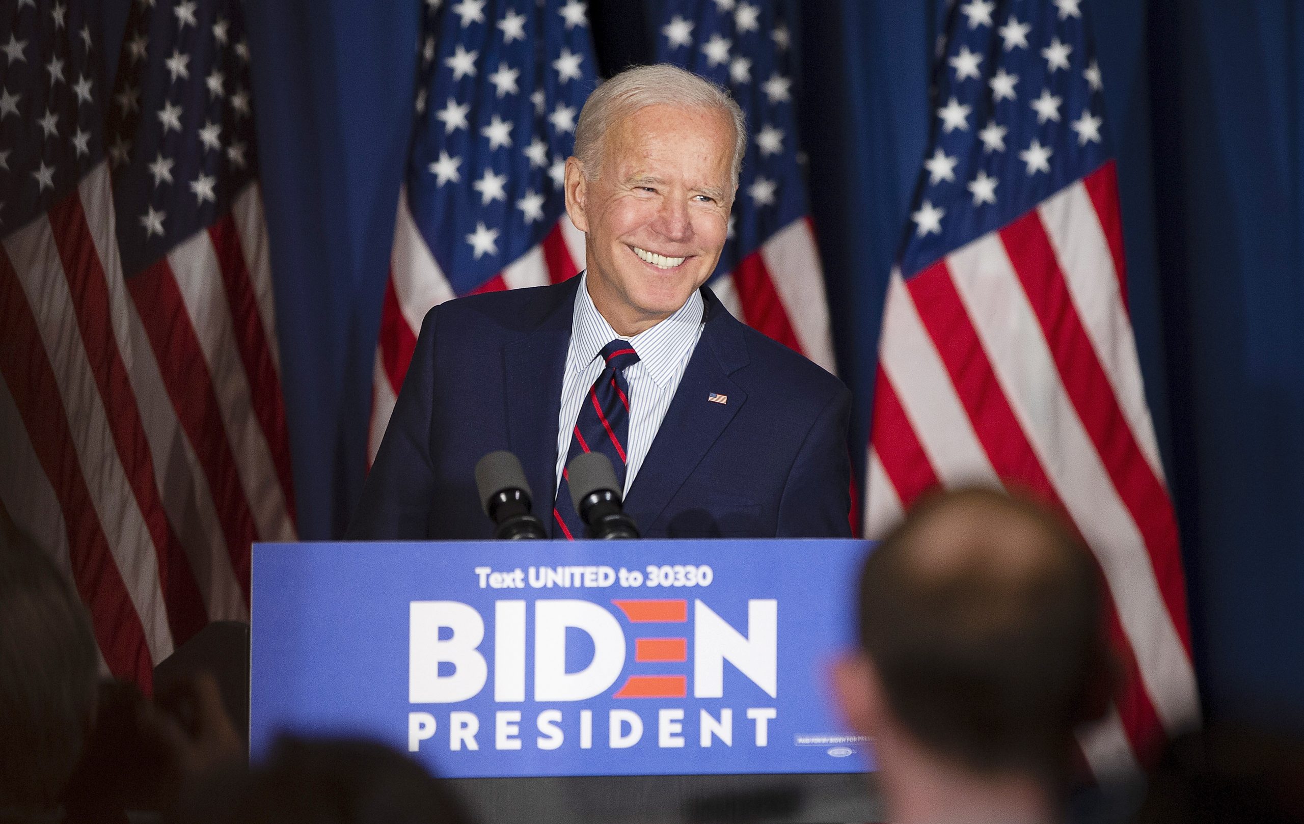 epa08802769 (FILE) - Democratic candidate for United States President, Former Vice President Joe Biden, smiles as he prepares to make a speech during a campaign stop at the Governor's Inn in Rochester, New Hampshire, USA, 09 October 2019 (reissued 06 November 2020). According to media reports citing election officials, Biden has taken the lead in Pennsylvania. An official win of the state would push Biden over the 270 electoral votes necessary to become the 46th President of the United States. *** Local Caption *** 55537332  EPA/CJ GUNTHER *** Local Caption *** 55537332