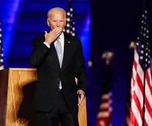 epa08806573 President-elect Joe Biden blows a kiss after delivering his victory address after being declared the winner in the 2020 presidential election in Wilmington, Delaware, USA, 07 November 2020. Biden defeated incumbent US President Donald J. Trump.  EPA/JIM LO SCALZO