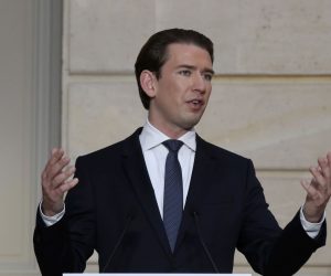epa08811822 Austrian Chancellor Sebastian Kurz delivers his speech during a conference with French President Emmanuel Macron and a videoconference with Dutch Prime Minister Mark Rutte, German Chancellor Angela Merkel, European Council President Charles Michel and European Commission President Ursula von der Leyen at the Elysee Palace, in Paris, France, 10 November 2020. The leaders of France, Germany, Austria and the EU met to discuss Europe's response to terrorism threats after a string of attacks. Macron and Kurz are meeting in person after both of their countries have lost lives to Islamic extremist attackers in recent weeks.  EPA/MICHEL EULER / POOL MAXPPP OUT
