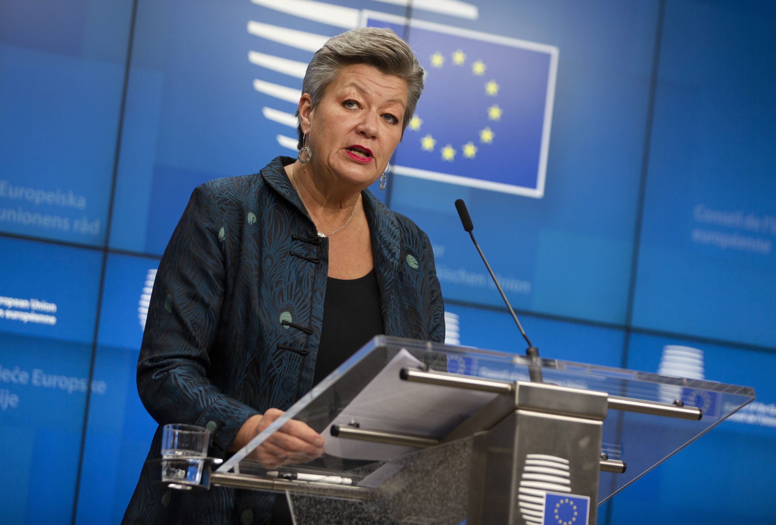epa08818071 European Commissioner for Home Affairs Ylva Johansson during a media conference after a meeting of EU interior ministers at the European Council building in Brussels, Belgium, 13 November 2020.  EPA/Virginia Mayo / POOL