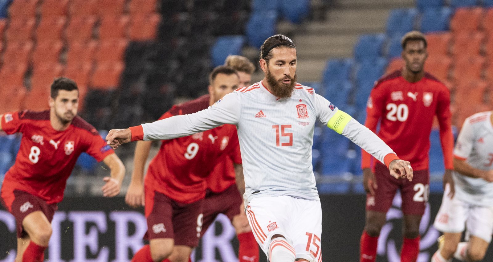 epa08820831 Spain's Sergio Ramos (front) misses a penalty during the UEFA Nations League soccer match between Switzerland and Spain at St. Jakob-Park stadium in Basel, Switzerland, 14 November 2020.  EPA/ALESSANDRO DELLA VALLE
