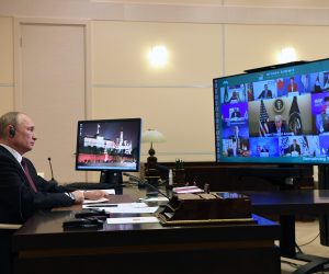 epa08833306 Russian President Vladimir Putin takes part in a virtual  G20 Summit 2020 via a videoconference at the Novo-Ogaryovo state residence outside Moscow, Russia, 21 November 2020. The G20 summit 2020 is held on in a virtual format due to Covid-19 pandemic caused by SARS-CoV-2 coronavirus.  EPA/ALEXEI NIKOLSKY / SPUTNIK / KREMLIN / POOL MANDATORY CREDIT