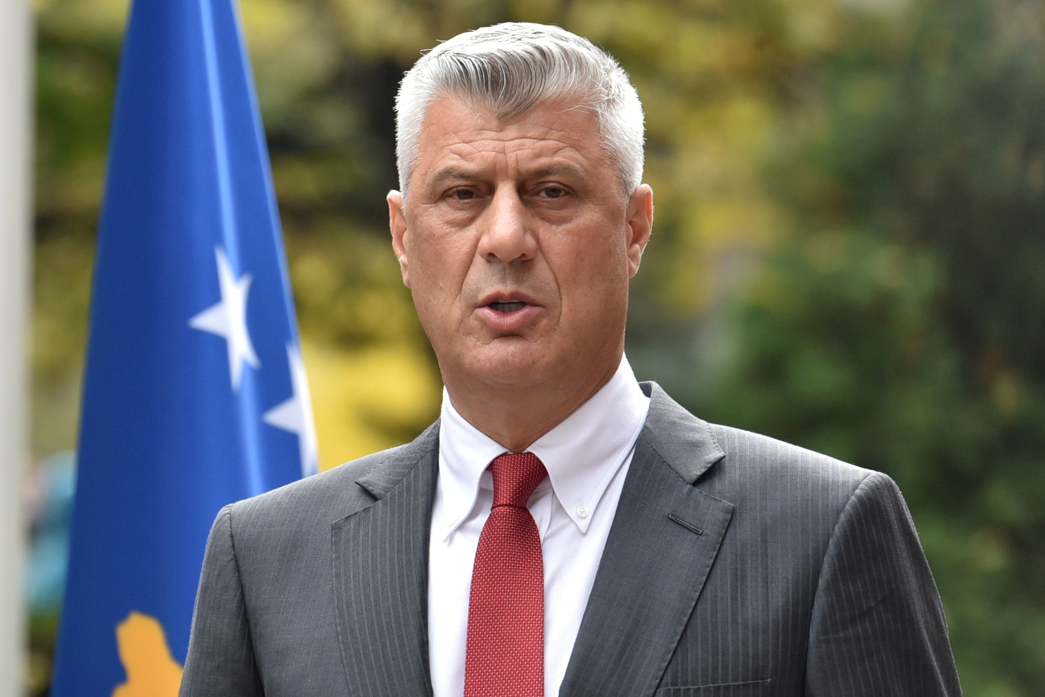 Kosovo's President Thaci is pictured during news conference as he resigns to face war crimes charges, in Pristina Kosovo's President Hashim Thaci speaks during a news conference as he resigns to face war crimes charges at a special court based in the Hague, in Pristina, Kosovo, November 5, 2020. REUTERS/Laura Hasani REFILE - CORRECTING INFORMATION LAURA HASANI