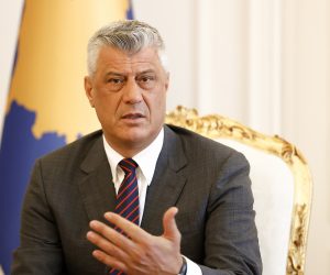 epa08799871 (FILE) - President of the Republic of Kosovo Hashim Thaci talks to media following his meeting with Prime Minister Avdullah Hoti (not pictured) in Pristina, Kosovo, 24 July 2020 (reissued 05 November 2020). According to media reports, Hashim Thaci has resigned after being charged with war crimes.  EPA/VALDRIN XHEMAJ *** Local Caption *** 56418758