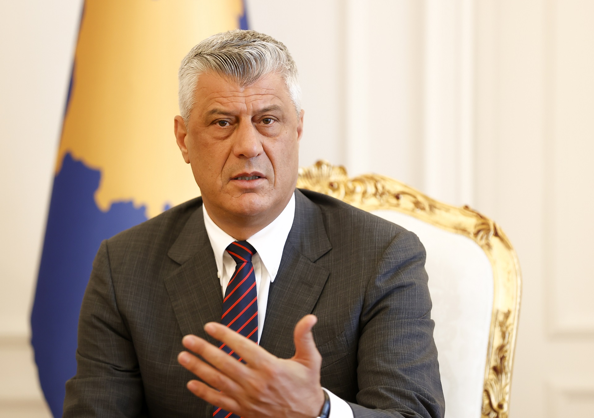 epa08799871 (FILE) - President of the Republic of Kosovo Hashim Thaci talks to media following his meeting with Prime Minister Avdullah Hoti (not pictured) in Pristina, Kosovo, 24 July 2020 (reissued 05 November 2020). According to media reports, Hashim Thaci has resigned after being charged with war crimes.  EPA/VALDRIN XHEMAJ *** Local Caption *** 56418758
