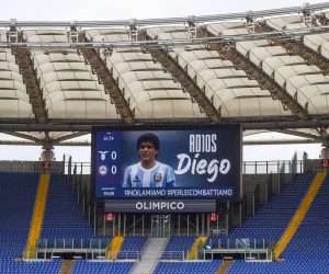 epa08850221 Late Argentinian soccer legend Diego Armando Maradona is displayed on a huge screen prior to the Italian Serie A soccer match SS Lazio vs Udinese Calcio at Olimpico stadium in Rome, Italy, 29 November 2020.  EPA/ANGELO CARCONI