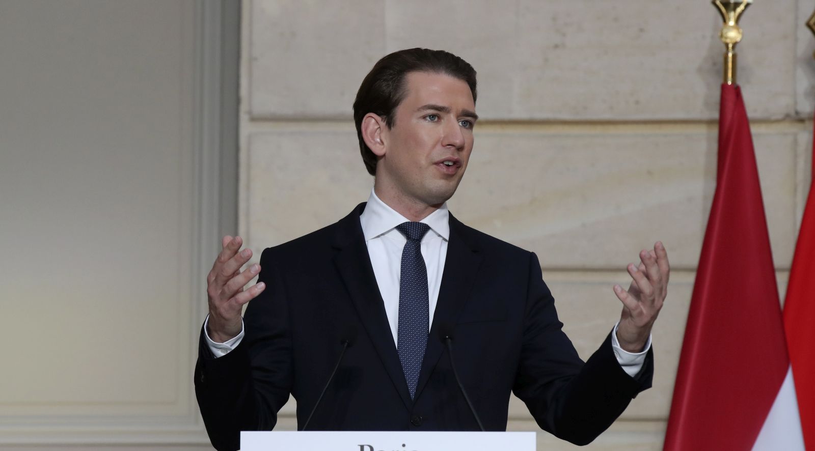 epa08811822 Austrian Chancellor Sebastian Kurz delivers his speech during a conference with French President Emmanuel Macron and a videoconference with Dutch Prime Minister Mark Rutte, German Chancellor Angela Merkel, European Council President Charles Michel and European Commission President Ursula von der Leyen at the Elysee Palace, in Paris, France, 10 November 2020. The leaders of France, Germany, Austria and the EU met to discuss Europe's response to terrorism threats after a string of attacks. Macron and Kurz are meeting in person after both of their countries have lost lives to Islamic extremist attackers in recent weeks.  EPA/MICHEL EULER / POOL MAXPPP OUT